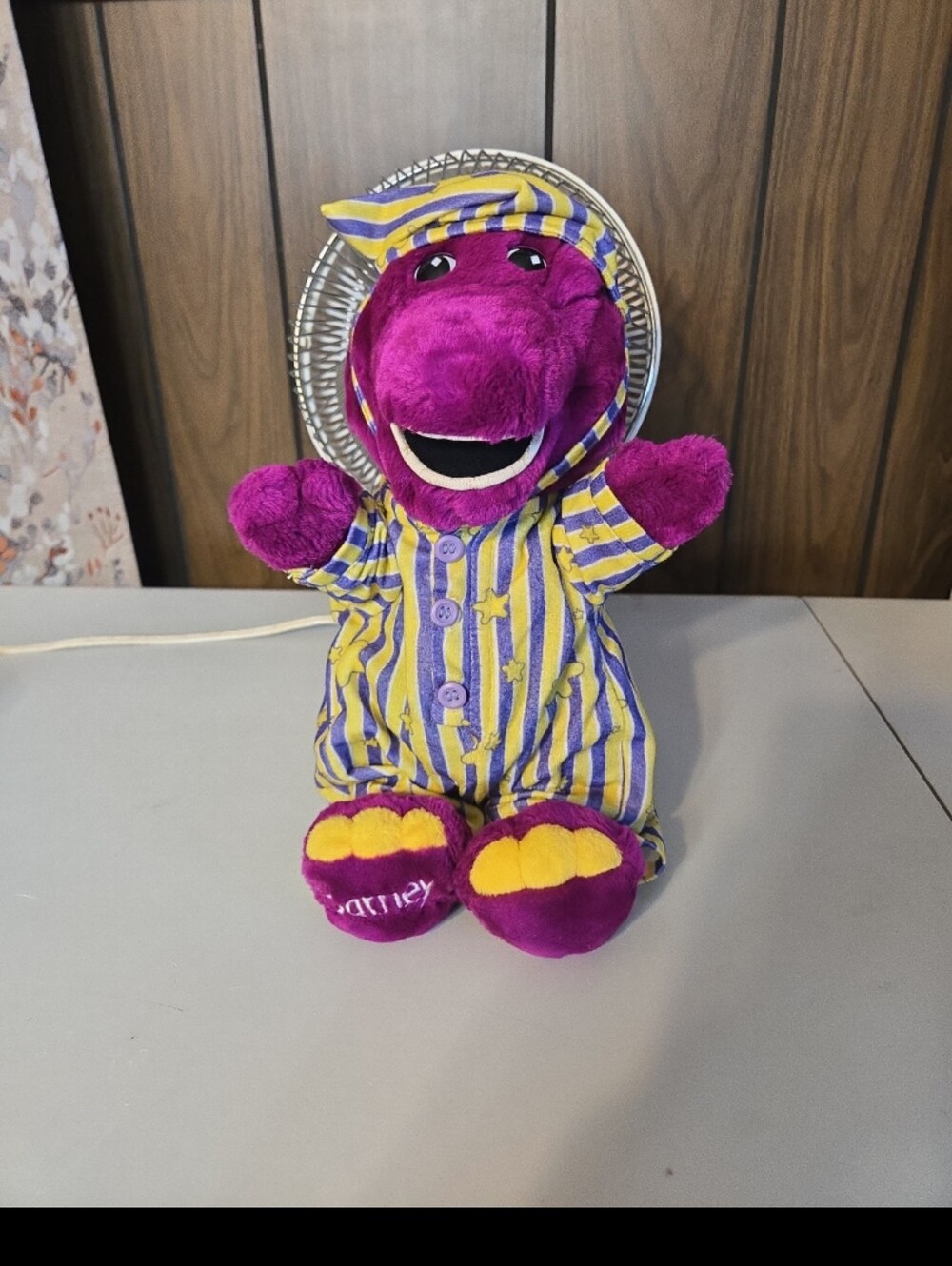 Bedtime Barney Plush Yellow Striped Pajamas 1993 Vintage RARE Purple Dino 12"